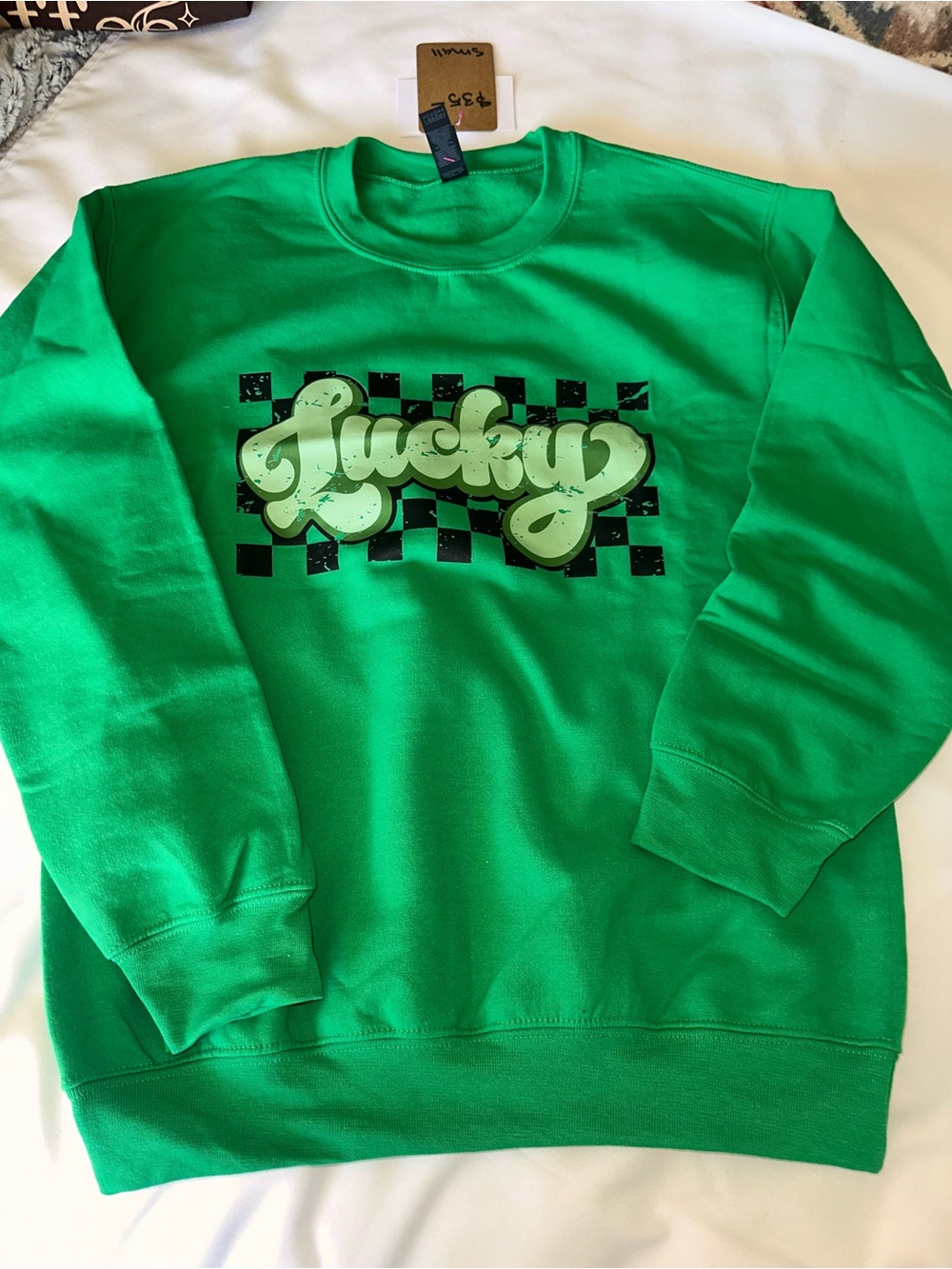 Kelly Green 'Lucky' Checkerboard Crewneck Sweatshirt